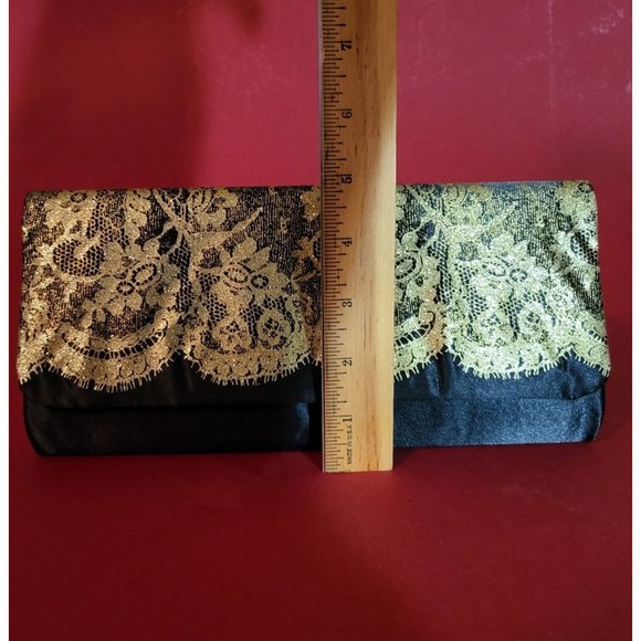 Black Clutch Purse With Gold Lace Embelishment - Picture 6 of 7